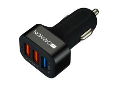CANYON C-07 Universal 3xUSB car adapter(1 USB with Quick Charger QC3.0), Input 12-24V, Output USB/5V-2.1A+QC3.0/5V-2.4A&9V-2A&12V-1.5A, with Smart IC, black rubber coating+black metal ring+QC3.0 port with blue/other ports in orange, 66*35.2*25.1mm, 0.025
