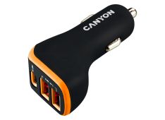 CANYON C-08, Univerzalni avtomobilski adapter s 3 USB priključki, vhod 12V-24V, izhod DC USB-A 5V/2.4A (največ)   Type-C PD 18W, z inteligentnim IC, črna in oranžna z gumijasto prevleko, 713926,2 mm, 0,028 kg.