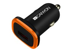 CANYON C-01, univerzalni avtomobilski adapter s 1 USB priključkom, vhod 12V-24V, izhod 5V-1A, črna gumijasta prevleka s oranžnim elektroplakiranim obročem